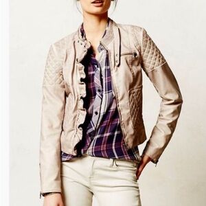 Elevenses Anthropologie Ruffle Tan Faux Leather Moto Jacket Size Medium